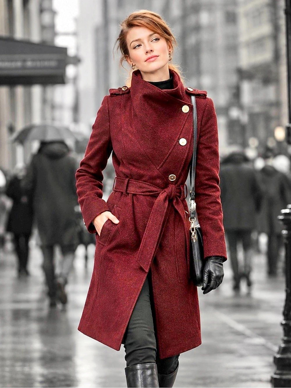 Vintage GUESS Asymmetrical Wool-Blend Belted Coat Oxblood Wine Burgundy